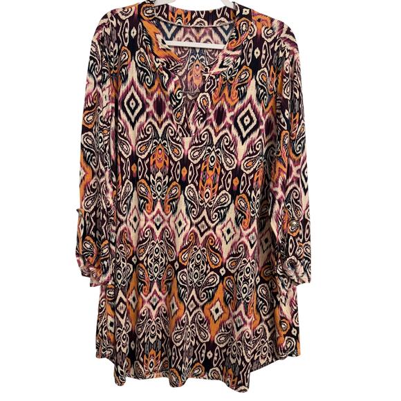 Womens Plus 3XL Boho Colorful Purple Split V Neck 3/4 Roll Tab Slinky Tunic - Picture 1 of 10